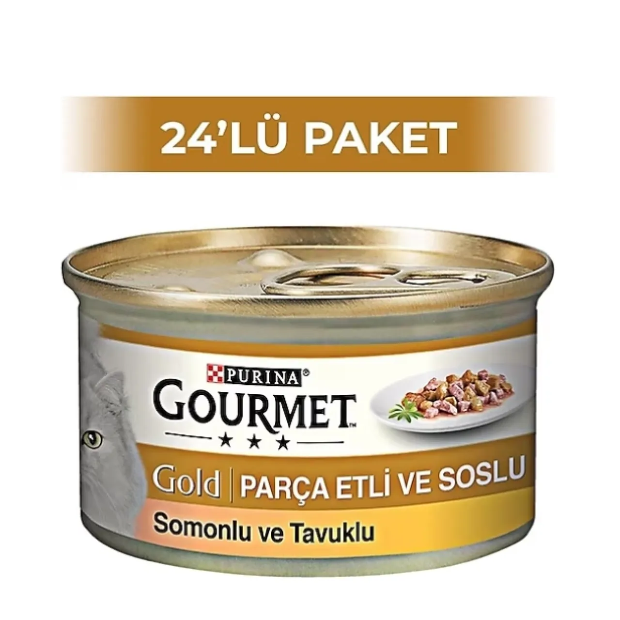 Gourmet Parça Etli Soslu Somonlu ve Tavuklu 85 gr 24'lü Yetişkin Konserve Kedi Maması